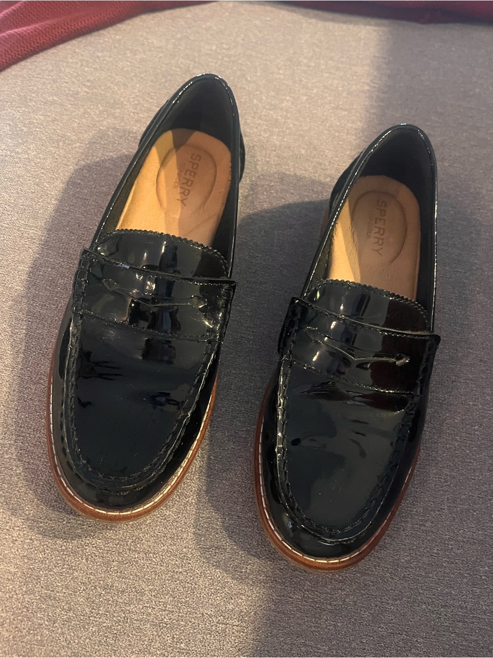Sperry Black Patent Leather Penny Loafers with Brown Welt